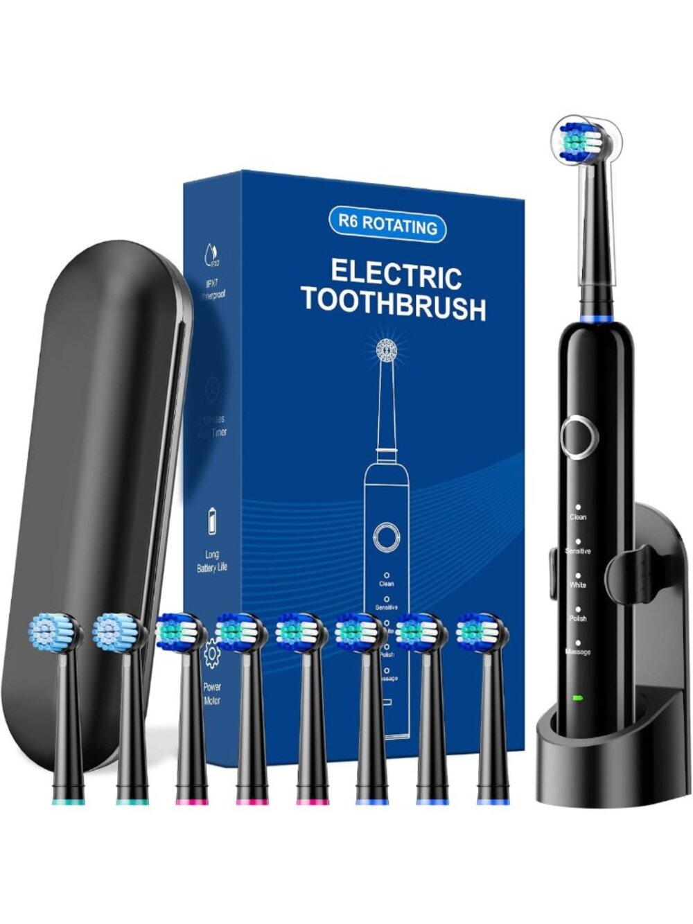Rechargeable Electric Toothbrush for Adults - Black, 5 Cleaning Modes & Timer